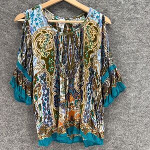 Bila Blouse Women M Medium Blue Geometric Cold Shoulder 3/4 Sleeve Wide Strap